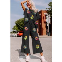Black Easter Egg Print Textured Short Sleeve Wide Leg Pants Set