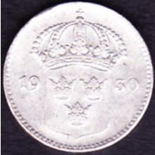 1930 Sweden 10 Ore Silver Coin