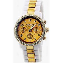 Lady Watch - Two-tone Metal Band w/ Rhinestone Accent - White/Gold m- WT-MN70...