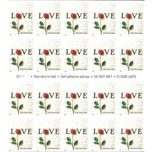 Red Rose and Love Letters Pane of Twenty 34 Cent Stamps Great For Wedding 3496