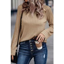 Khaki Ribbed Round Neck Knit Long Sleeve Top