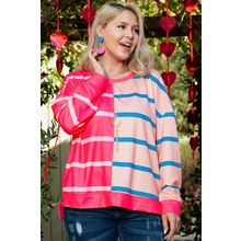 Rose Stripe Color Block Crewneck Long Sleeve Plus Size T Shirt