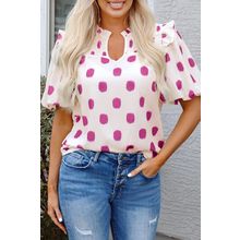 Rose Polka Dot Print Shirred Yoke Notched Neck Balloon Sleeve Blouse