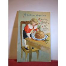 CHRISTMAS GREETINGS, used antique postcard by Wildt & Kray dated 1914 plum pud =