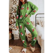 Spinach Green Sequin Christmas Stockings Graphic Two Piece Lounge Set