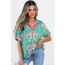 Sea Green Boho Abstract Print Contrast Striped Collared V Neck Blouse