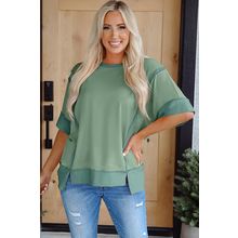Smoke Green Half Sleeve Raw Seam High Low Side Split Top