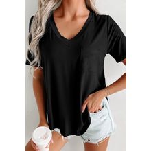 Black V Neck Pocketed Rounded Hem Tee