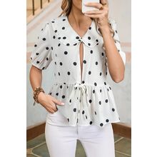 White Polka Dot Collared Lace up Font Puff Sleeve Peplum Top