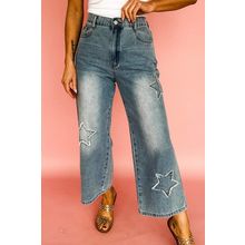 Stone Blue Star Patchwork Cropped Wide Leg High Waist Jeans