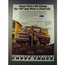 1986 Chevy Pickup Truck Ad - Now! Get a V8 Chevy for $147 less than a Ford six