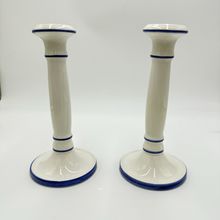 VTG Este Ceramiche Pottery Italy Ceramic candle holders 8.5” White & Blue # 491