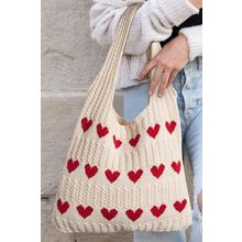 Apricot Heart Pattern Knit Large Shoulder Bag