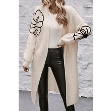 Beige Flower Embroidered Drop Shoulder Open Front Duster Cardigan