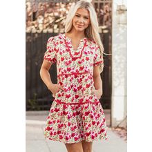 Red Floral Puff Sleeve Tiered Ric Rac Pocketed Mini Dress