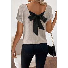 Gray Morn Ribbed Short Sleeve V Neck Colorblock Bow Back Top