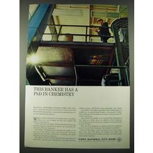 1965 First National City Bank Ad - This Banker Has a PhD in Chemistry