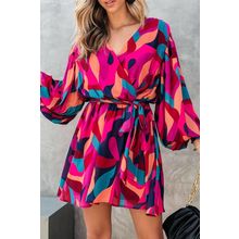 Red Abstract Printed Belted Puff Sleeve Mini Dress
