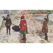 Christmas Piggy In The Middle Snowball Fight Oilette Postcard
