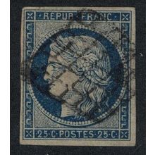 France Ceres 25c Yellowish Blue Good margins 1850 Canc SG#18? MI#4c Sc#6b