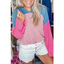 Pink Color Block Patchwork Corded Knit Loose Fit Hoodie