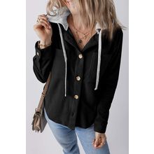 Black Hooded Drawstring Pockets Corduroy Shacket