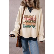 White THANKFUL Graphic Colorblock Edge Oversized Thanksgiving Sweatshirt