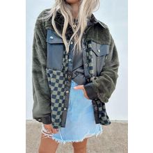 Vineyard Green Fleece Checkerboard Flap Pocket Snap Button Jacket