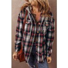 Red Plaid Print Chest Pocket Buttoned Hooded Shacket