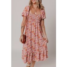 Pink Floral Square Neck Knotted Ruffle Midi Dress