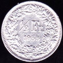1955 B Switzerland 1 Half Franc Silver Coin