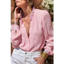 Gossamer Pink Lace Patchwork Edge Collarless Button Up Shirt