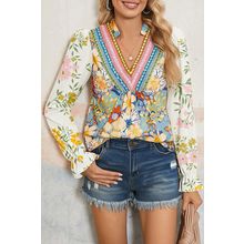 Sky Blue Floral Print Ruffled Long Sleeve Crochet Trim V Neck Blouse