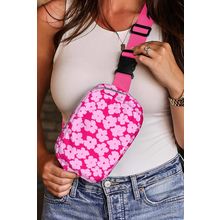 Rose Red Flower Print Wide Belt Buckle Zipper Crossbody Bag