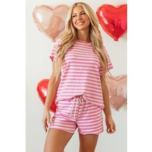 Rose Stripe Crew Neck T Shirt and Drawstring Shorts Set