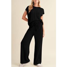 Black Solid Color Corded Short Sleeve Top and Casual Pants Set