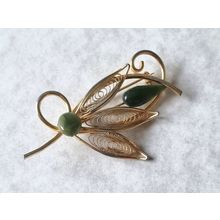 Vintage Jade Brooch, Gold Tone Filigree Leaf, Botanical Jewellery Gift