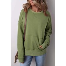 Vineyard Green Drop Shoulder Crisscross Stitching Pocketed Loose Sweatshirt
