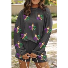 Carbon Grey Mardi Gras Fleur de Lis Patched Corded Long Sleeve Top and Shorts