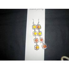 Electro plated orange on yellow faceted drum glass long earrings bright fun hols