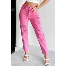 Pink Star Shape Patchwork Mid Waist Straight Leg Jeans