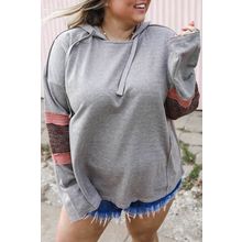 Gray Contrast Patched Sleeve Plus Size Hoodie