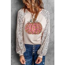 Khaki Thanksgiving Pumpkin Graphic Leopard Raglan Sleeve Top