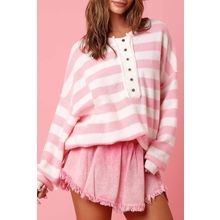 Pink Stripe Half Buttons Drop Shoulder Sweater