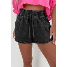 Black Drawstring High Waist Casual Denim Shorts with Pockets