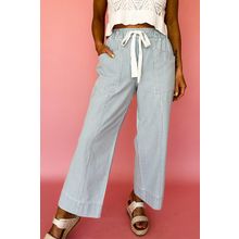Sky Blue Stripe Mid Rise Drawstring Waist Jeans