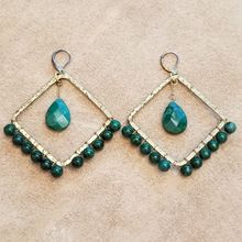 Green & Gold Wire Wrapped Bead Square Earrings