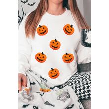 White Pumpkin Face Patched Pattern Halloween Crew Neck Sweatshirt