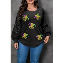 Black Mardi Gras Mask Plus Size Sequin Sleeve Top