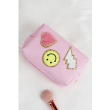 Pink Smiley Face Chenille Patched PU Zipper Makeup Bag